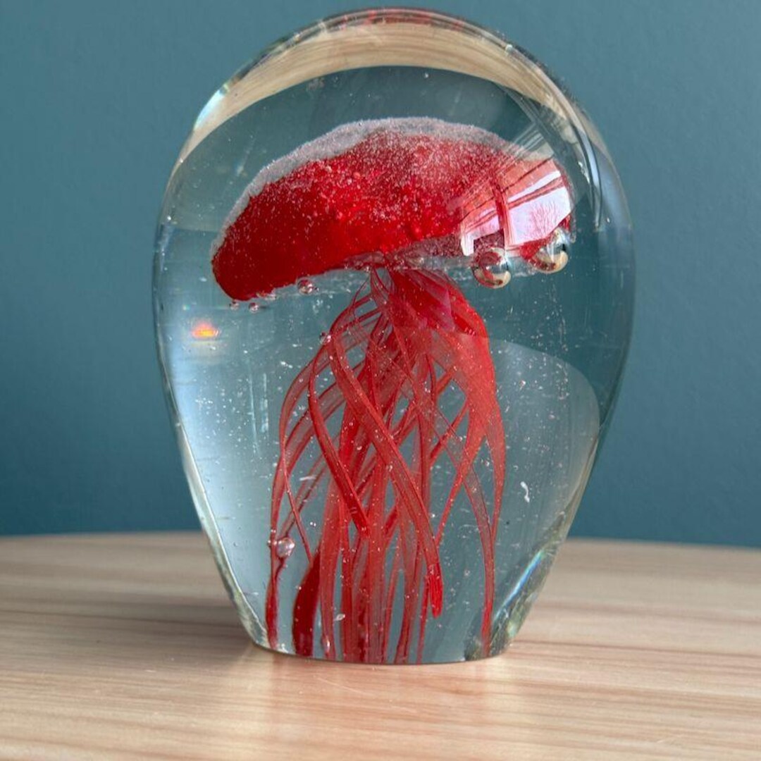 Vintage Red Jellyfish Glass Paperweight Clear Dome Unique Handmade Art ...
