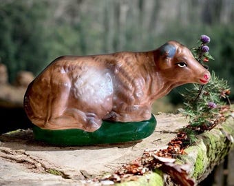 Vintage Nativity Hand-Painted Mache Cow Figurine Brown & Green Japan 5-6" Scale