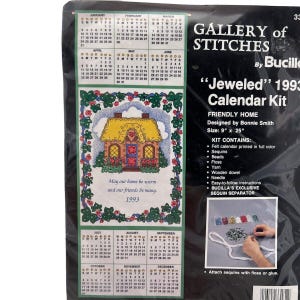 Vtg Bucilla 1993 Jeweled Calendar Kit Friendly Home #33181 Size 9 x 25