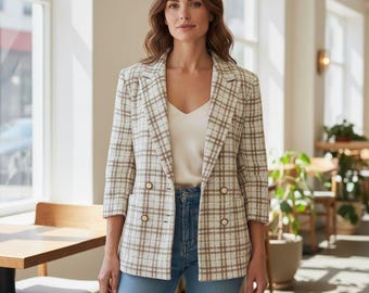 Vintage dames Suburbans tweed blazer double-breasted maat 10 geruite wolmix