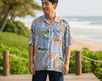 Vintage Tommy Bahama Mens L Shirt Hawaiian Blue Floral Short Sleeve