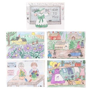 5 PA Folk Art Blank Note Cards Feito à Mão Country Evelopes Vtg Farm Wash Aniversário