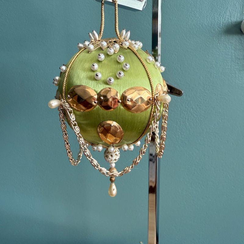 Vintage Ornate Push Pin Green Satin Christmas Ornament With Pearl