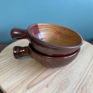 2 Vintage Handmade Studio Pottery Soup Chili Bowls Handles Rustic Brown Tan Glazed Ceramic