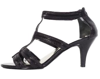Alfani Sandal Pump Size 9.5 M Women Open Toe Ankle Strap Zip Textured Black