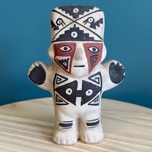 Vintage Peruvian Clay Figure Hand-Painted Black Red White Tribal Design
