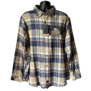 Legendary Whitetails Mens Flannel Shirt Large Plaid Beige Blue Cotton Buck Camp