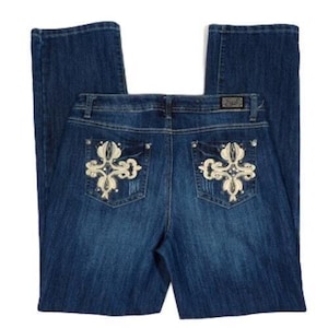 Vaqueros de corte acampanado con adornos de diamantes de imitación y bolsillos bordados para mujer de Earl Jeans, talla 10