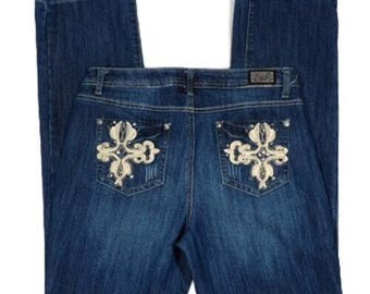 Earl Jeans Womens Embellished Bootcut Denim Jeans With Rhinestone & Embroidered Pockets Size 10