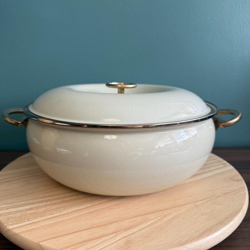 Vintage Copco Cream Enamel Dutch Oven W/ Lid Gold Handles 5 Quart