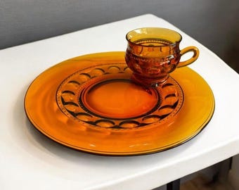 Vintage Amber Kings Crown Thumb Print Indiana Glass Glass Plate & Cup Set