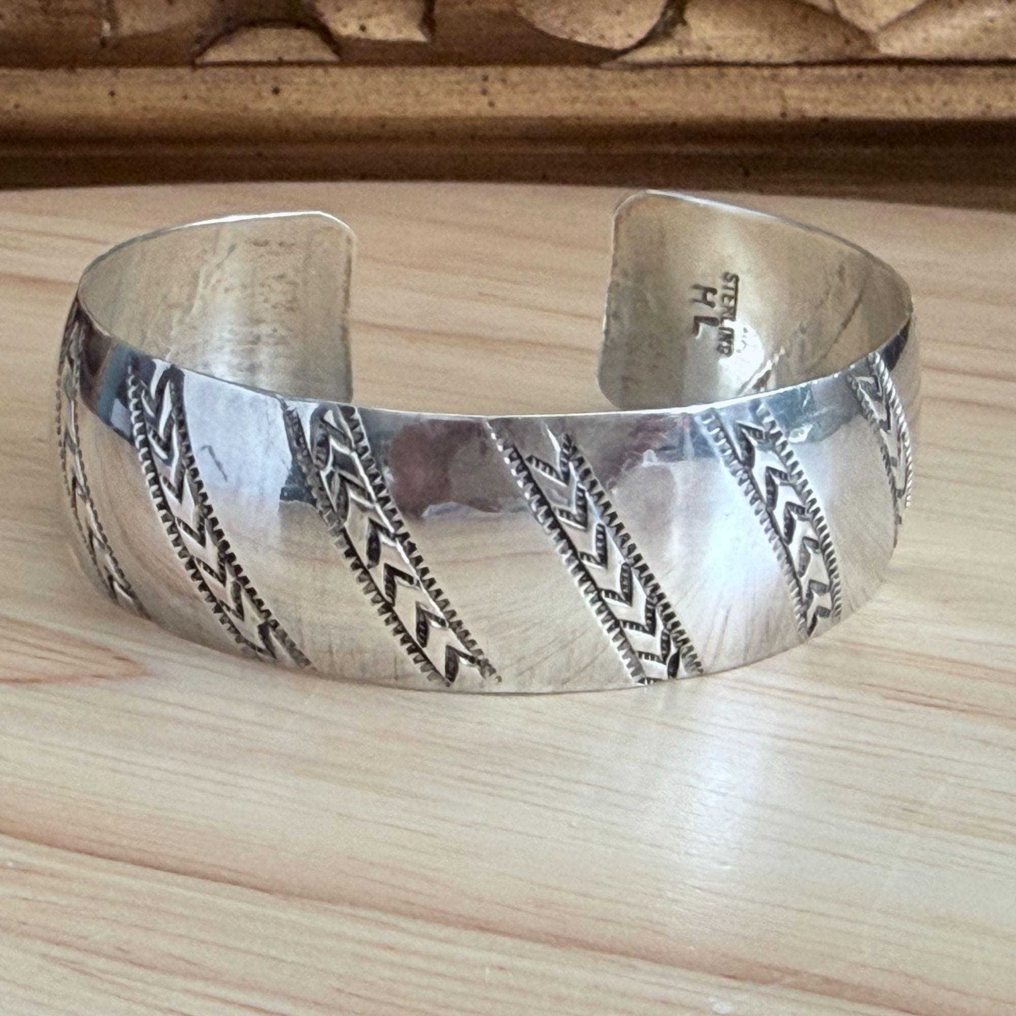 Vintage Navajo HL Helen Long Sterling Silver Large Stamped Cuff