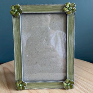 Vintage Silver-Plated Picture Frame With Green EnamelFlower Accents 6.5&quot; x 4.5&quot;