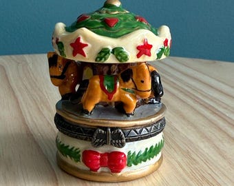 Vintage Ceramic Christmas Carousel Horse Trinket Box Ornament Small