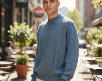 Maglione vintage Paul Fredrick da uomo, taglia S, blu ghiaccio, in misto seta con motivo a rombi, maniche lunghe, girocollo