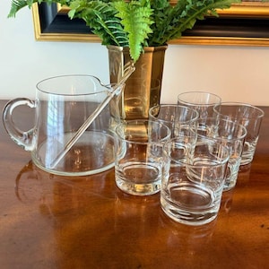 Vtg MCM Cocktail Set Handblown Clear Pitcher Stirring Rod 6 Matching Glasses