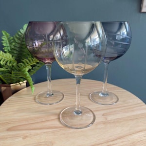 3 Cristal DArques Durand Etched Balloon Wine Goblets Blue Purple & Yellow France