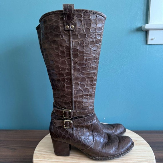 Born Lewisa Womens Tall Boot Croc Print Brown Buckle Heels