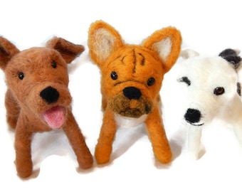 THREE Custom needle felted Dogs  - needle felted original Puppy soft sculpture -  small size - French bulldog - Crossbreed sculpture