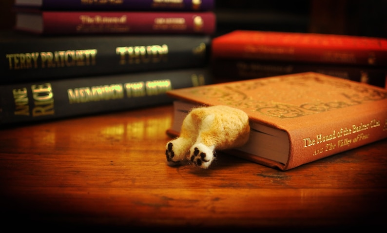 May include: A brown book with gold lettering that reads "The Hound of the Baskervilles and The Valley of Fear" with a felt dog bookmark sticking out of the top.
