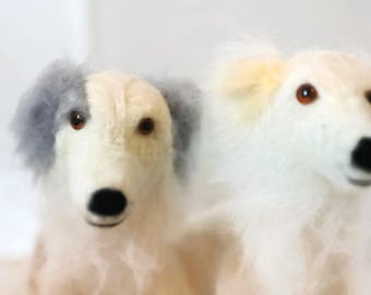 A PAIR of custom needle felted dogs. Two bespoke dog sculptures. Silken Windhound Ornaments, Sighthound Art BenMcFuzzylugs