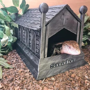 Könnte beinhalten: Ein graues, kirchenförmiges Reptilienversteck mit dem Wort "Snake" auf der Vorderseite. Eine Blauzungenskink ist im Inneren des Verstecks sichtbar. Das Versteck hat ein Kreuz auf dem Dach und Bogenfenster.
