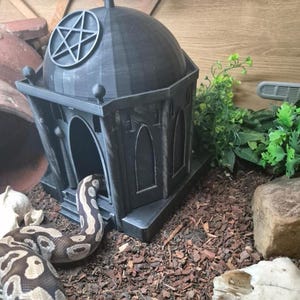 Könnte beinhalten: Ein dunkelgraues, 3D-gedrucktes Reptilienversteck in Form eines Kuppelgebäudes mit Bogenfenstern und einem Pentagramm. Eine gemusterte Schlange ist teilweise im Inneren zu sehen. Das Versteck ist von Holzspänen und Grün umgeben.