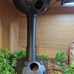 May include: A black terrarium fixture, spherical in shape, supported by a cylindrical column. The fixture features several circular openings and is mounted within a wooden enclosure. Green plants and wood chips are at the base.