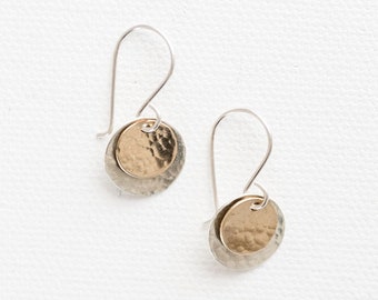 Mixed metal earrings, silver circle earrings, hammered silver earrings, hammered gold earrings, gold fill earrings, hammered metal earrings