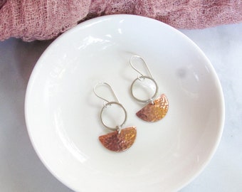 Silver copper dangle earrings, mixed metal hoop earrings, sterling silver hoop earrings, boho inspired jewelry, geometric earrings