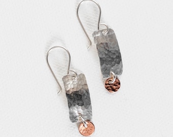 Mixed Metal Earrings, Silver Geometric Statement Earrings, Silver and Copper Dangle Earrings, Small silver Hammered Earrings