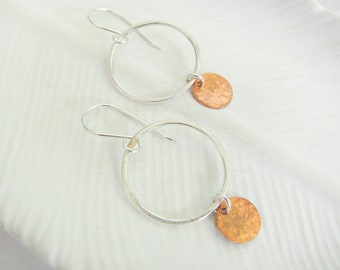Sterling silver hoop earrings, silver circle dangle earrings, mixed metal drop earrings, copper women's earrings, hammered copper earrings