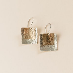 Silver and Gold Handmade Earrings, Square Hammered Silver and Gold Earrings, Mixed Metal Earrings, Geometric Metal Jewelry, Everyday Earring