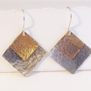 Silver and Gold Handmade Earrings, Square Hammered Silver and Gold Earrings, Mixed Metal Earrings, Geometric Metal Jewelry, Everyday Earring image 5