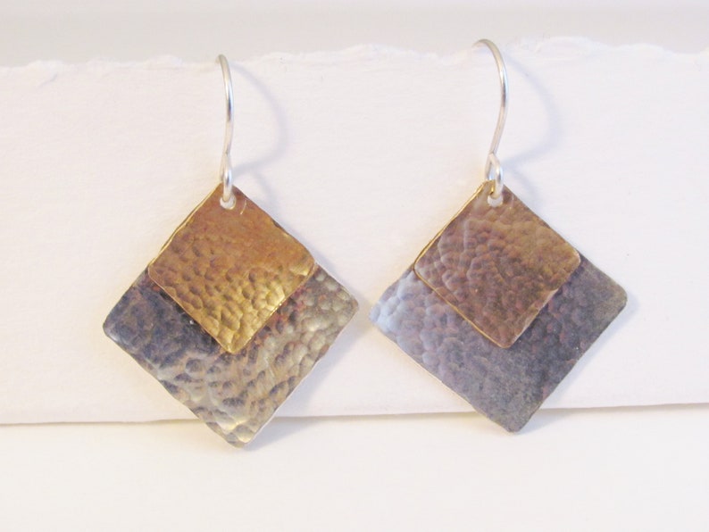 Silver and Gold Handmade Earrings, Square Hammered Silver and Gold Earrings, Mixed Metal Earrings, Geometric Metal Jewelry, Everyday Earring image 5