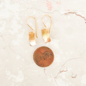Small gold hammered earrings, tiny gold rectangle earrings, gold dangle earrings, minimalist gold hammered earrings, everyday dainty earring image 5