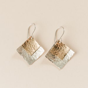 Silver and Gold Handmade Earrings, Square Hammered Silver and Gold Earrings, Mixed Metal Earrings, Geometric Metal Jewelry, Everyday Earring image 1