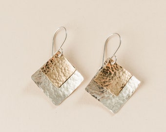 Silver and Gold Handmade Earrings, Square Hammered Silver and Gold Earrings, Mixed Metal Earrings, Geometric Metal Jewelry, Everyday Earring