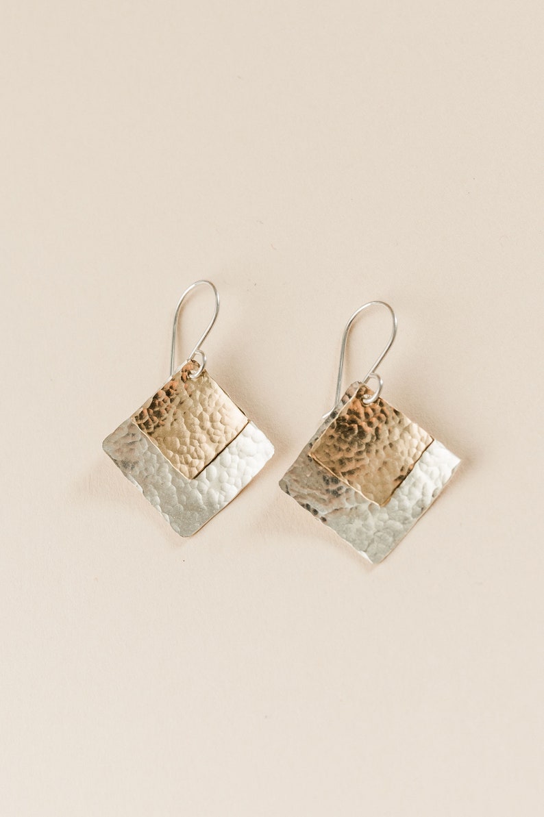 Silver and Gold Handmade Earrings, Square Hammered Silver and Gold Earrings, Mixed Metal Earrings, Geometric Metal Jewelry, Everyday Earring image 1