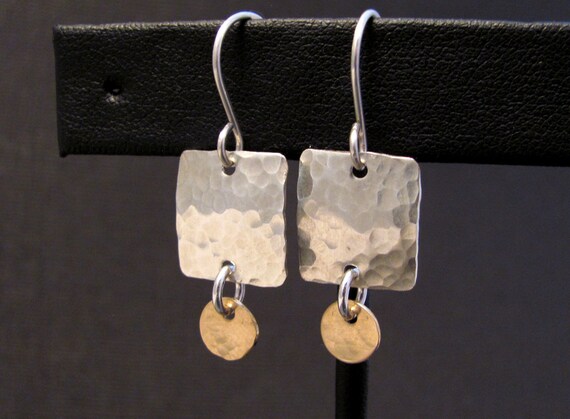 Silver and Gold Handmade Earrings Square Hammered Silver and Gold Earrings Tribal inspired earrings Geometric Metal Jewelry