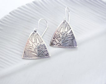 Sterling silver flower earrings, sterling triangle earrings, Silver nature inspired earrings, small triangle earrings, silver leaf earrings