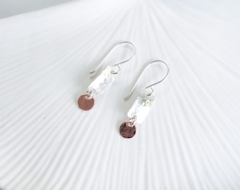 Hammered mixed metal earrings, small copper silver earrings, copper rectangle dangle earrings, hammered silver earrings, two tone earrings