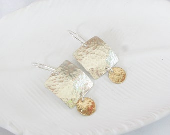 Silver and Gold Handmade Earrings, Square Hammered Silver and Gold Earrings, Tribal inspired earrings, Geometric Metal Jewelry