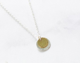 Small mixed metal pendant necklace, gold silver circle necklace, hammered silver pendant, dainty mixed metal jewelry, small hammered disc