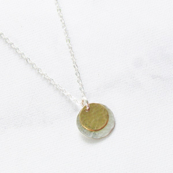 Small mixed metal pendant necklace, gold silver circle necklace, hammered silver pendant, dainty mixed metal jewelry, small hammered disc