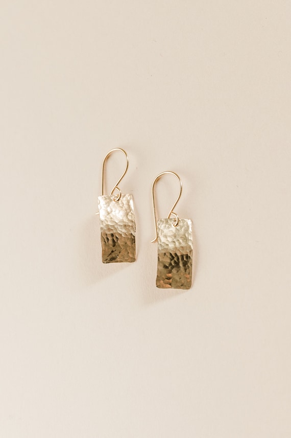 Gold Rectangle Dangle Earrings Hammered Gold Fill Jewelry