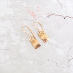 Small gold hammered earrings, tiny gold rectangle earrings, gold dangle earrings, minimalist gold hammered earrings, everyday dainty earring image 2