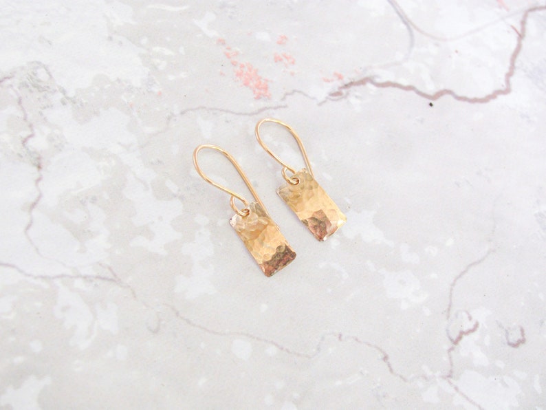 Small gold hammered earrings, tiny gold rectangle earrings, gold dangle earrings, minimalist gold hammered earrings, everyday dainty earring image 2