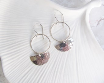 Silver ring earrings, hammered silver earrings, hammered silver semicircle, sterling hoop earrings, minimalist hammered silver earrings