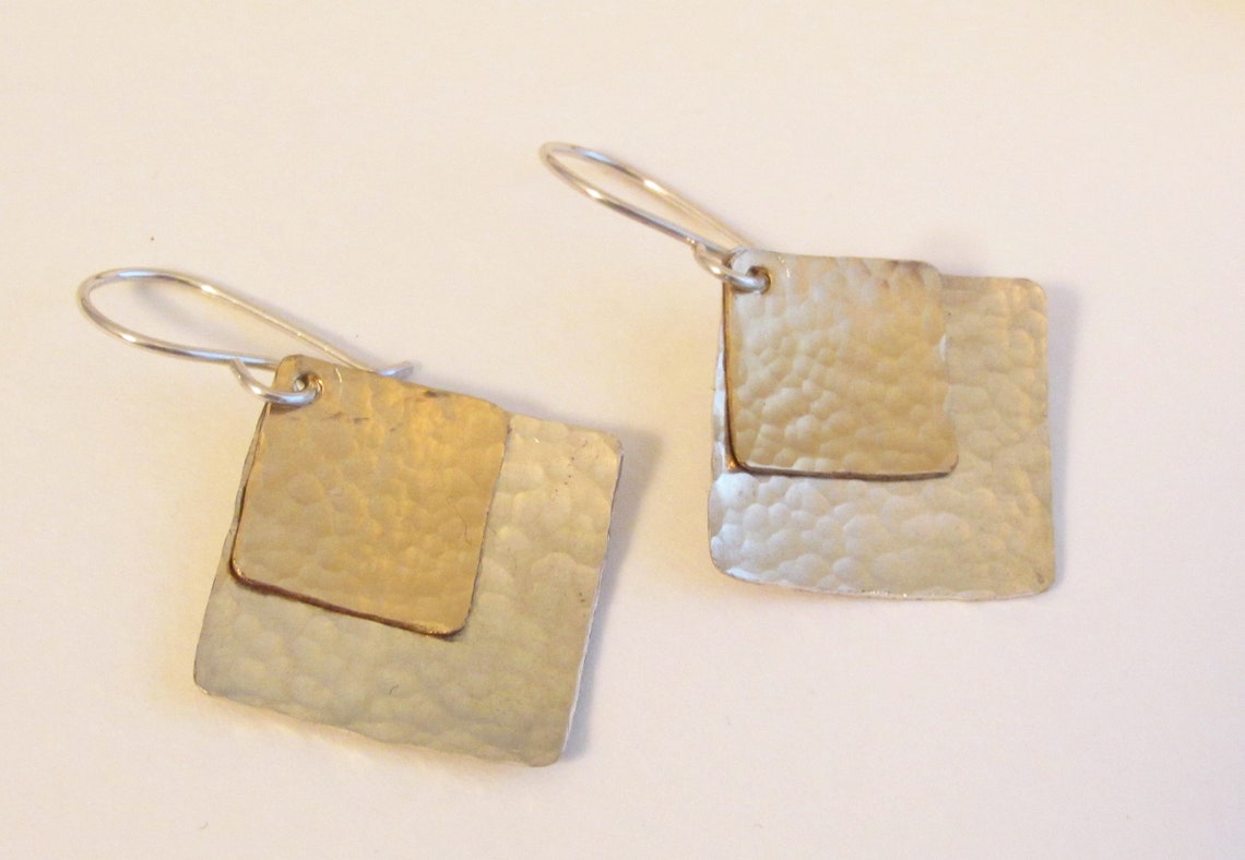 Silver and Gold Handmade Earrings Square Hammered Silver and - Etsy